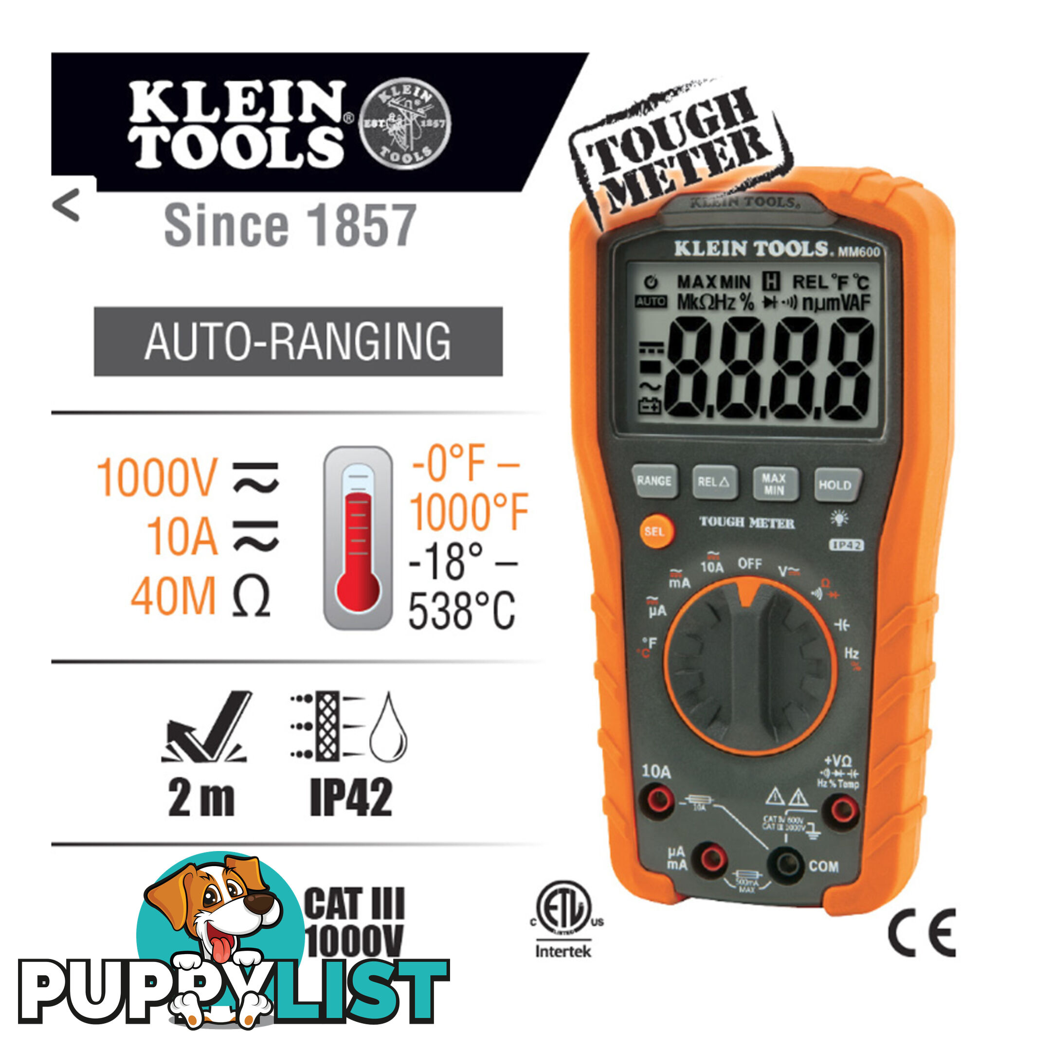 Klein Multi-Meter Auto Ranging 1000v ac/dc CAT IV 600v / CAT III 1000v SKU - MM600