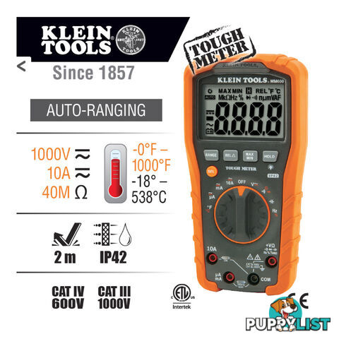 Klein Multi-Meter Auto Ranging 1000v ac/dc CAT IV 600v / CAT III 1000v SKU - MM600