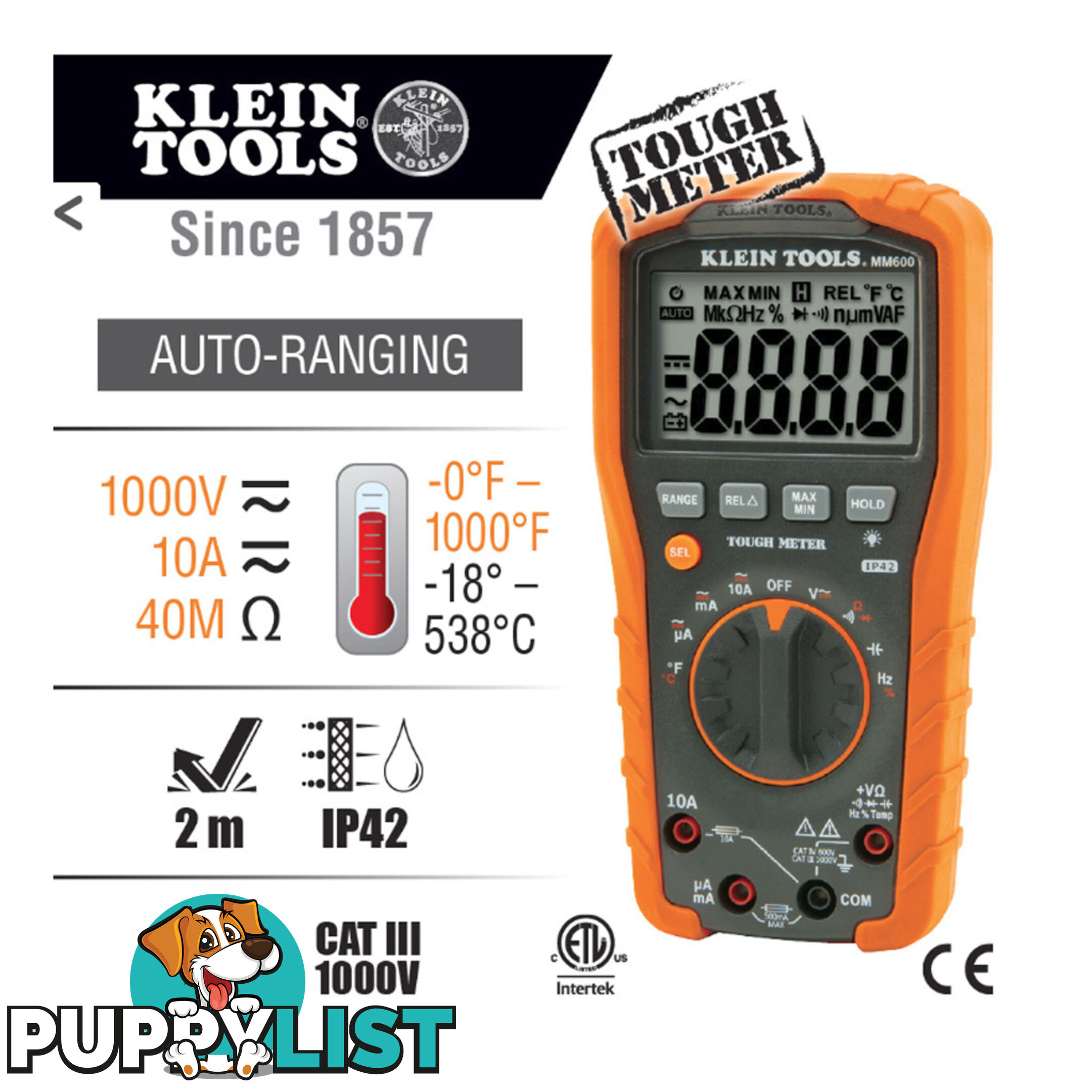 Klein Multi-Meter Auto Ranging 1000v ac/dc CAT IV 600v / CAT III 1000v SKU - MM600