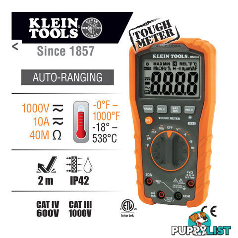 Klein Multi-Meter Auto Ranging 1000v ac/dc CAT IV 600v / CAT III 1000v SKU - MM600