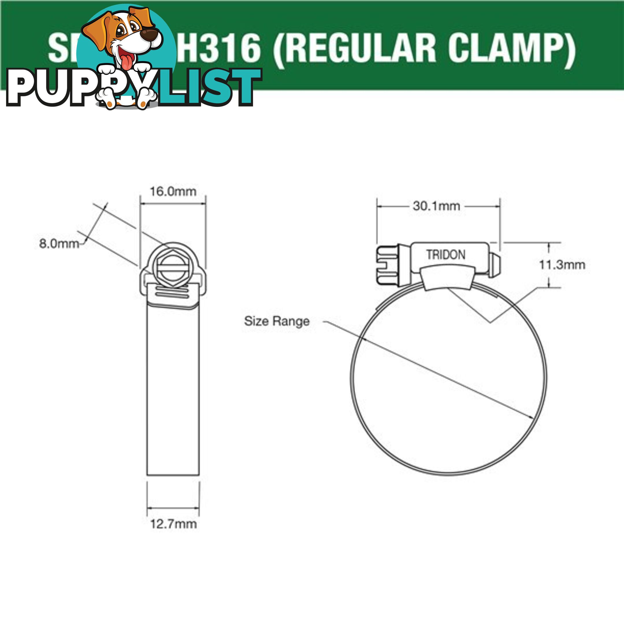 Tridon Full 316 S. Steel Hose Clamp 159mm â 206mm 10pk SKU - H316-120