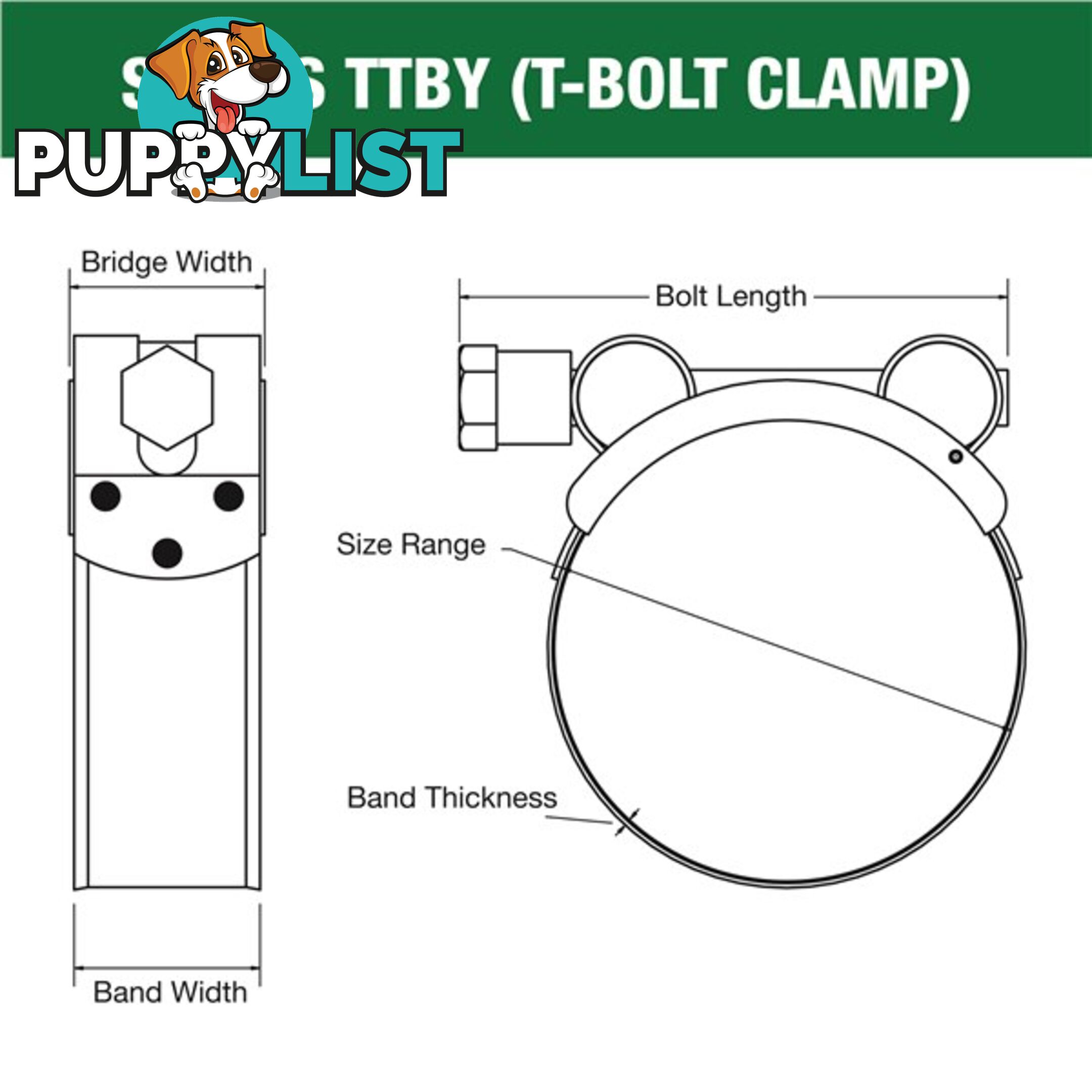 Tridon T-Bolt Hose Clamp 50mm â 53mm Part Stainless Solid Band 10pk SKU - TTBY50-53P