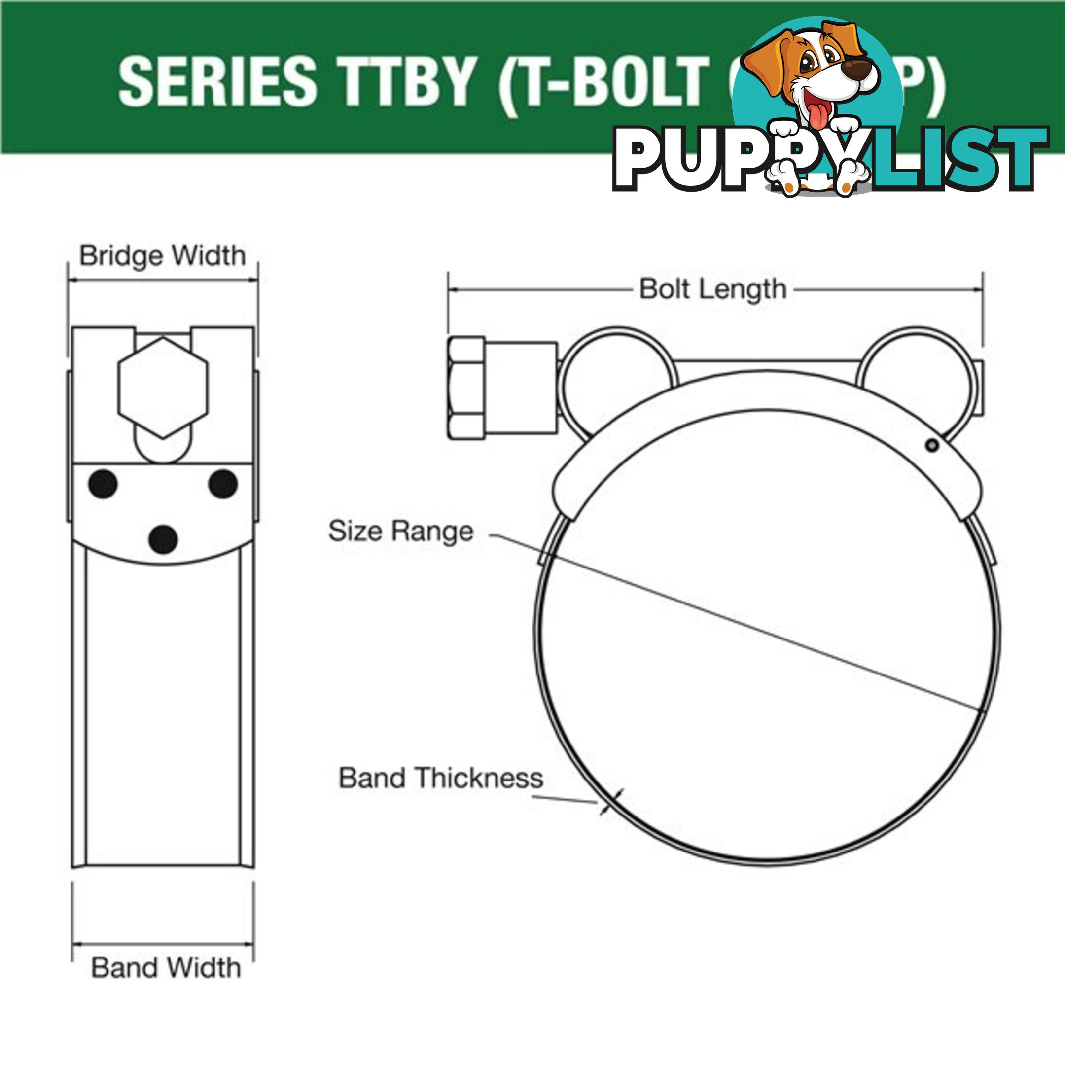 Tridon T-Bolt Hose Clamp 50mm â 53mm Part Stainless Solid Band 10pk SKU - TTBY50-53P