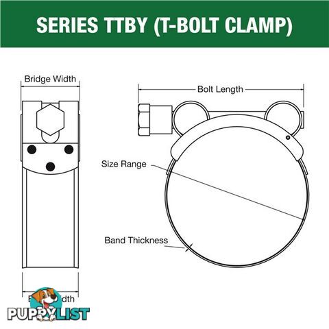 Tridon T-Bolt Hose Clamp 50mm â 53mm Part Stainless Solid Band 10pk SKU - TTBY50-53P