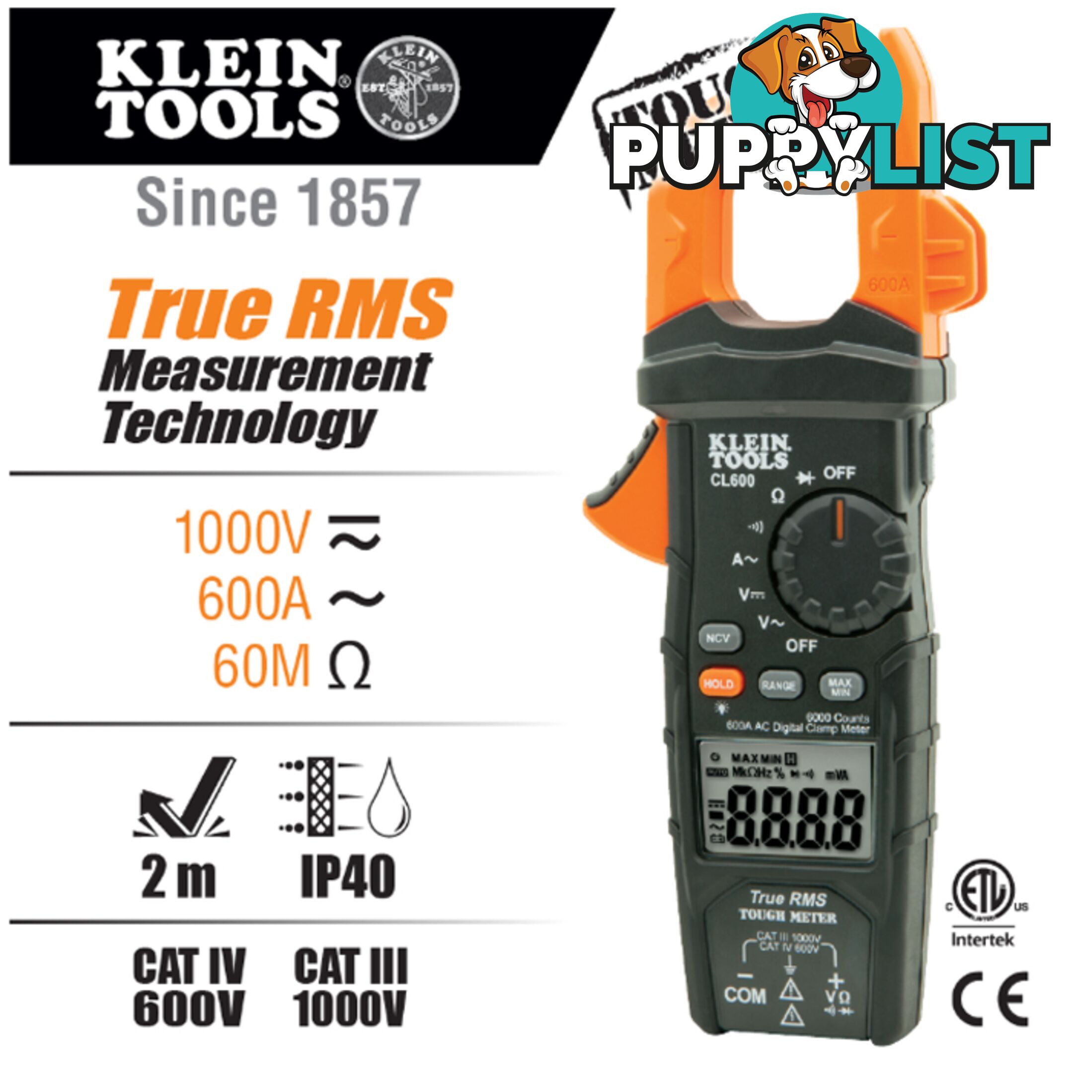 Klien Auto-Ranging Digital Clamp Meter 600 Amp AC   TRMS Technology SKU - CL600