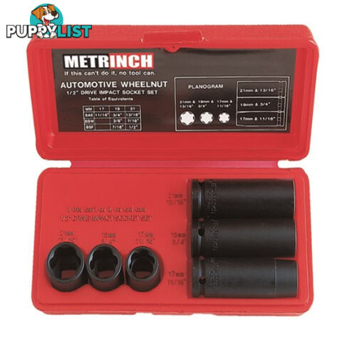 Metrinch 6 pc Wheelnut Impact Socket Set = 20pc Conventional Set SKU - MET-2460