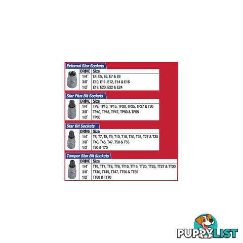 PK Tools Star Bits   Star Sockets Master Set 1/4, 3/8   1/2 "  - 60pc SKU - PT11708