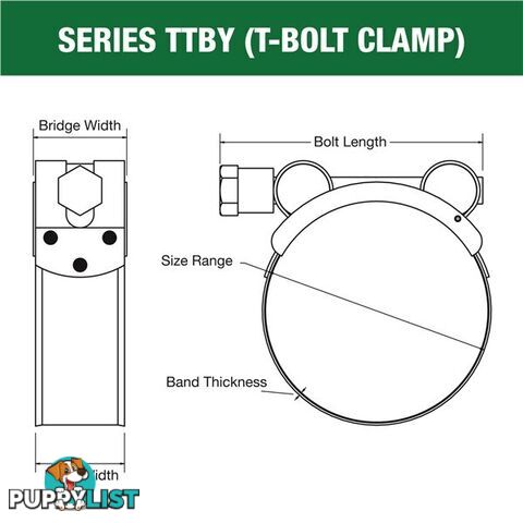 Tridon T-Bolt Hose Clamp 23mm â 25mm Part Stainless Solid Band 10pk SKU - TTBY23-25P