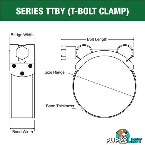 Tridon T-Bolt Hose Clamp 23mm â 25mm Part Stainless Solid Band 10pk SKU - TTBY23-25P