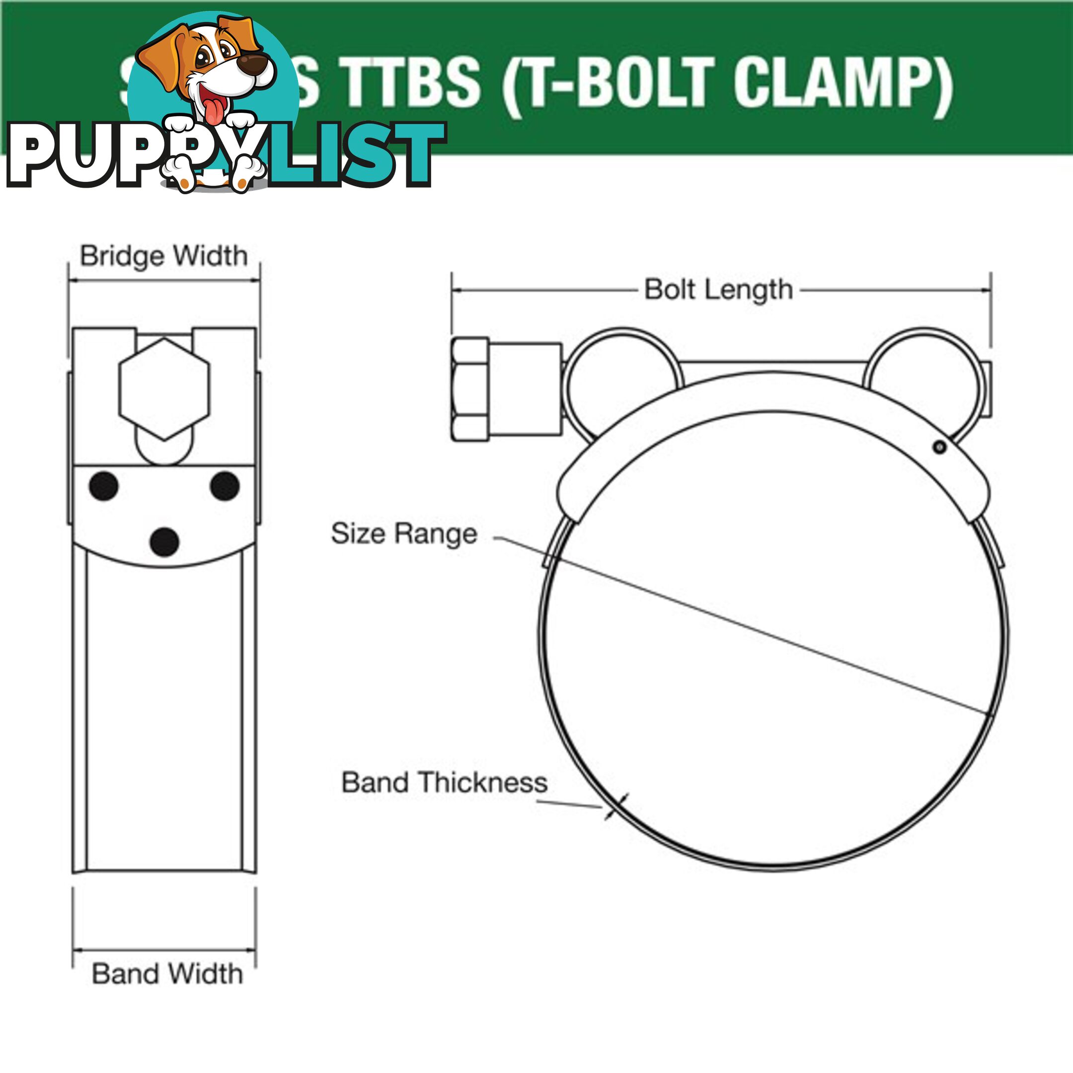 Tridon T-Bolt Hose Clamp 122mm â 130mm All Stainless Solid Band 10pk SKU - TTBS122-130P