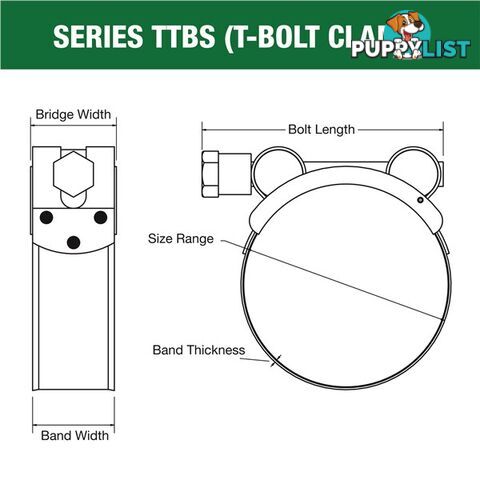 Tridon T-Bolt Hose Clamp 122mm â 130mm All Stainless Solid Band 10pk SKU - TTBS122-130P