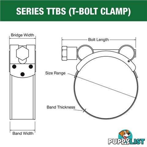 Tridon T-Bolt Hose Clamp 122mm â 130mm All Stainless Solid Band 10pk SKU - TTBS122-130P