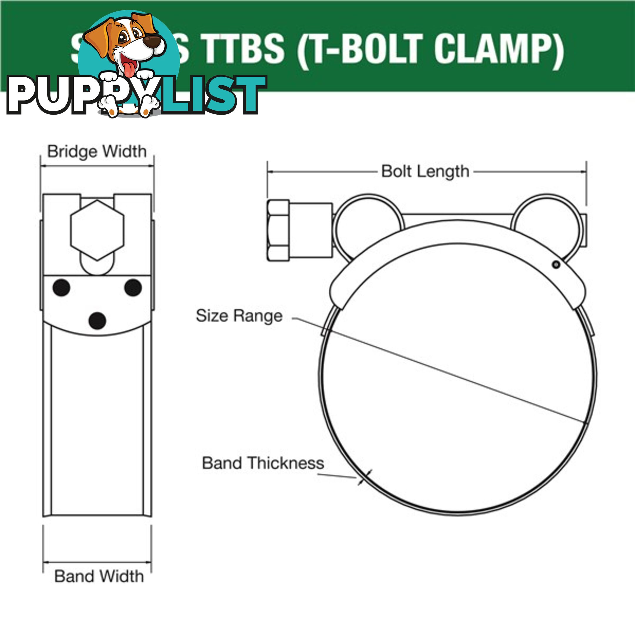 Tridon T-Bolt Hose Clamp 201mm â 213mm All Stainless Solid Band 5pk SKU - TTBS201-213P