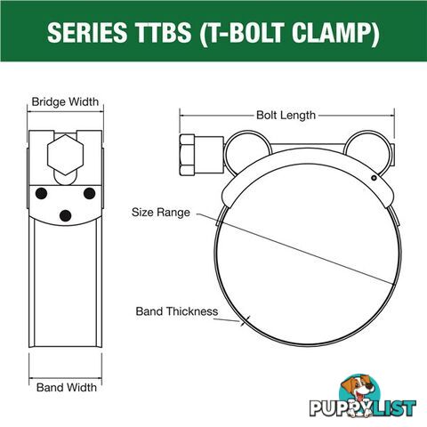 Tridon T-Bolt Hose Clamp 201mm â 213mm All Stainless Solid Band 5pk SKU - TTBS201-213P