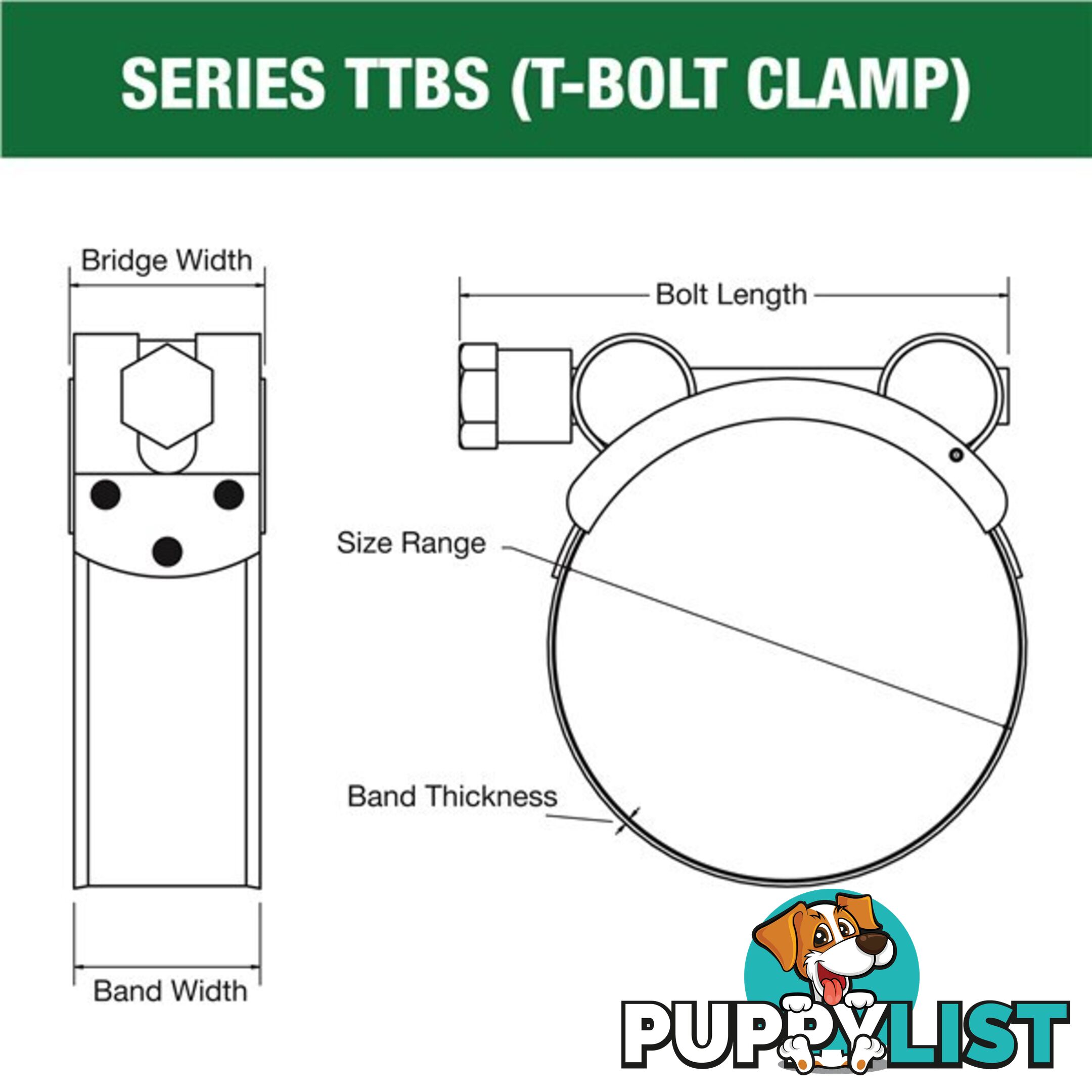 Tridon T-Bolt Hose Clamp 201mm â 213mm All Stainless Solid Band 5pk SKU - TTBS201-213P