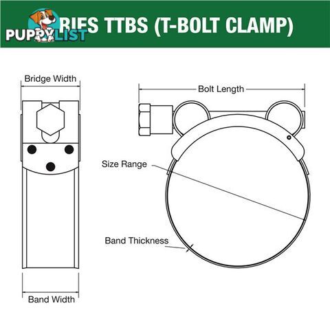 Tridon T-Bolt Hose Clamp 201mm â 213mm All Stainless Solid Band 5pk SKU - TTBS201-213P