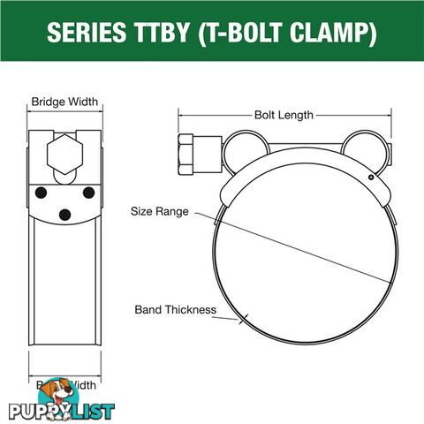 Tridon T-Bolt Hose Clamp 40mm â 43mm Part Stainless Solid Band 10pk SKU - TTBY40-43P