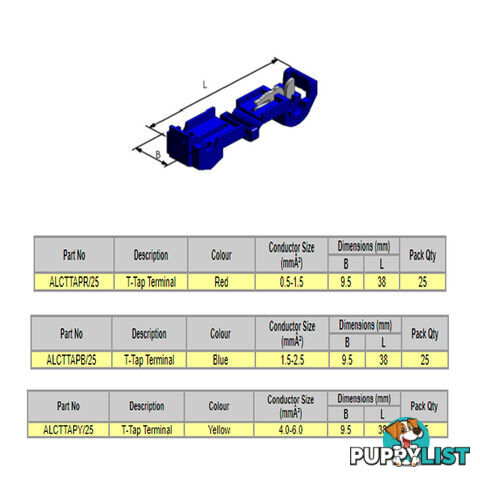 Alco T-Tap Insulated Terminals 0.5mm  - 6.00mm2  25pcs per pk