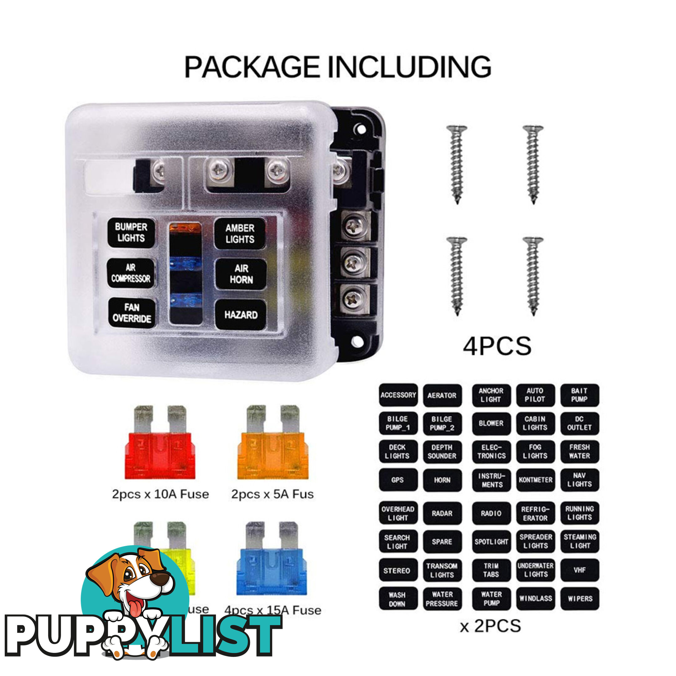 6 Fuse Block with LED Indicator and 12 fuses, 19pc, 12 volt,  2 x Label Sheets SKU - BB-202-06KWN