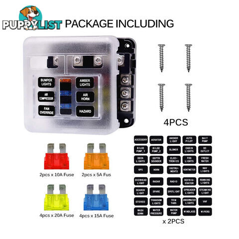 6 Fuse Block with LED Indicator and 12 fuses, 19pc, 12 volt,  2 x Label Sheets SKU - BB-202-06KWN