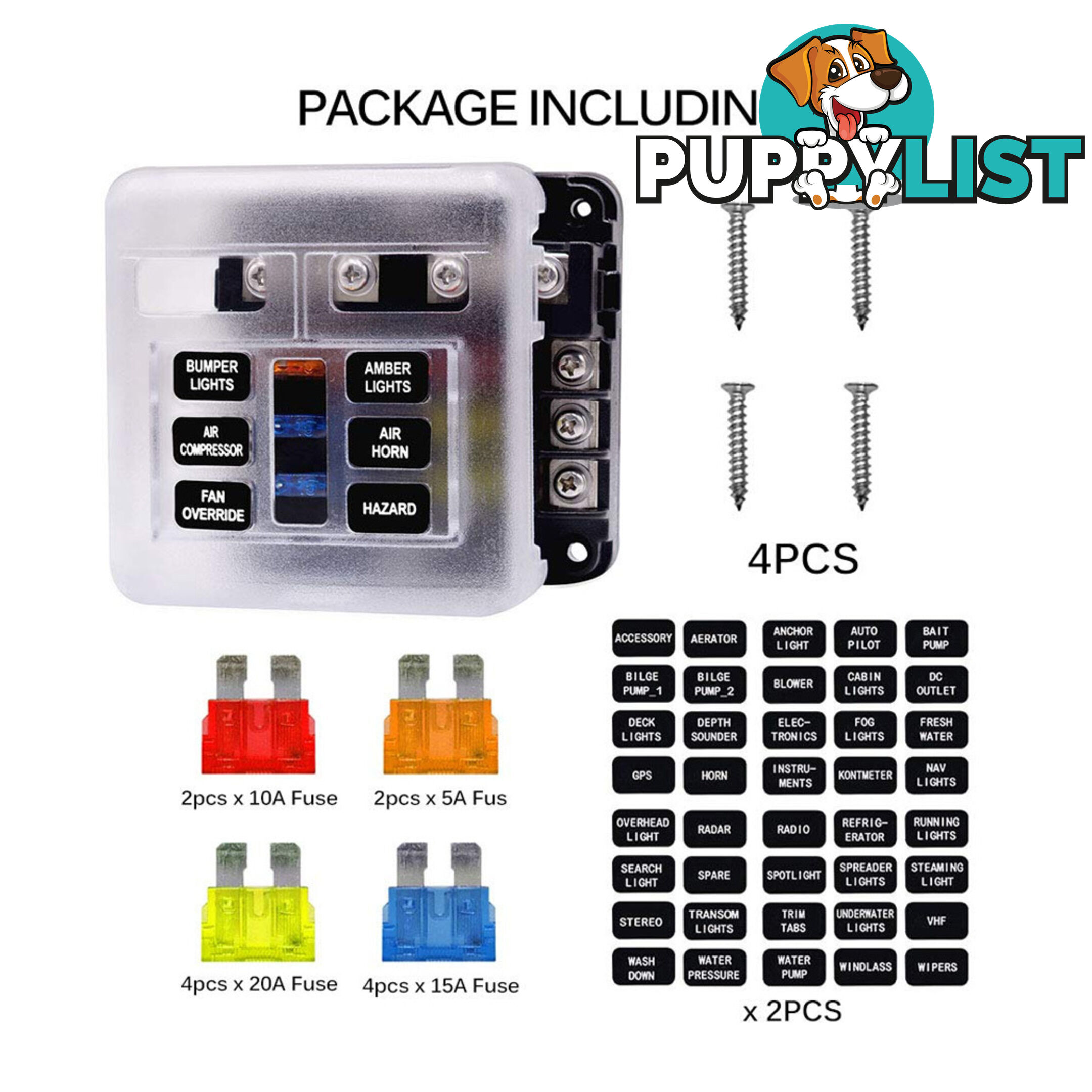 6 Fuse Block with LED Indicator and 12 fuses, 19pc, 12 volt,  2 x Label Sheets SKU - BB-202-06KWN