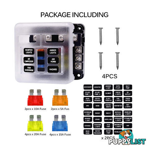 6 Fuse Block with LED Indicator and 12 fuses, 19pc, 12 volt,  2 x Label Sheets SKU - BB-202-06KWN