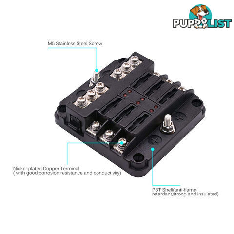 6 Fuse Block with LED Indicator and 12 fuses, 19pc, 12 volt,  2 x Label Sheets SKU - BB-202-06KWN