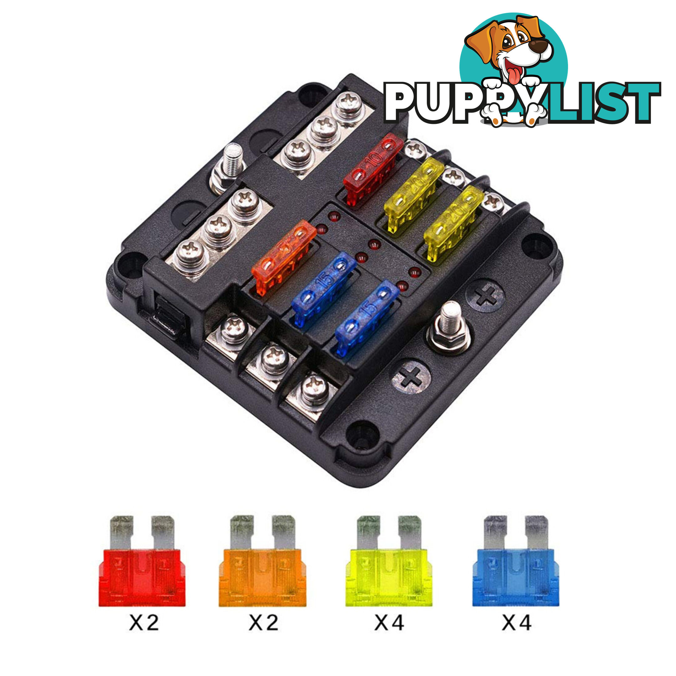 6 Fuse Block with LED Indicator and 12 fuses, 19pc, 12 volt,  2 x Label Sheets SKU - BB-202-06KWN