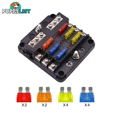 6 Fuse Block with LED Indicator and 12 fuses, 19pc, 12 volt,  2 x Label Sheets SKU - BB-202-06KWN