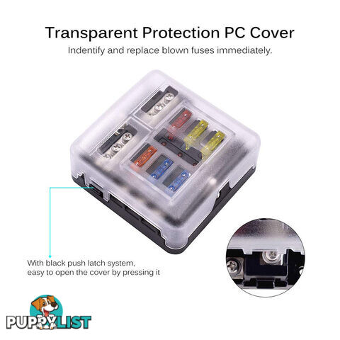 6 Fuse Block with LED Indicator and 12 fuses, 19pc, 12 volt,  2 x Label Sheets SKU - BB-202-06KWN