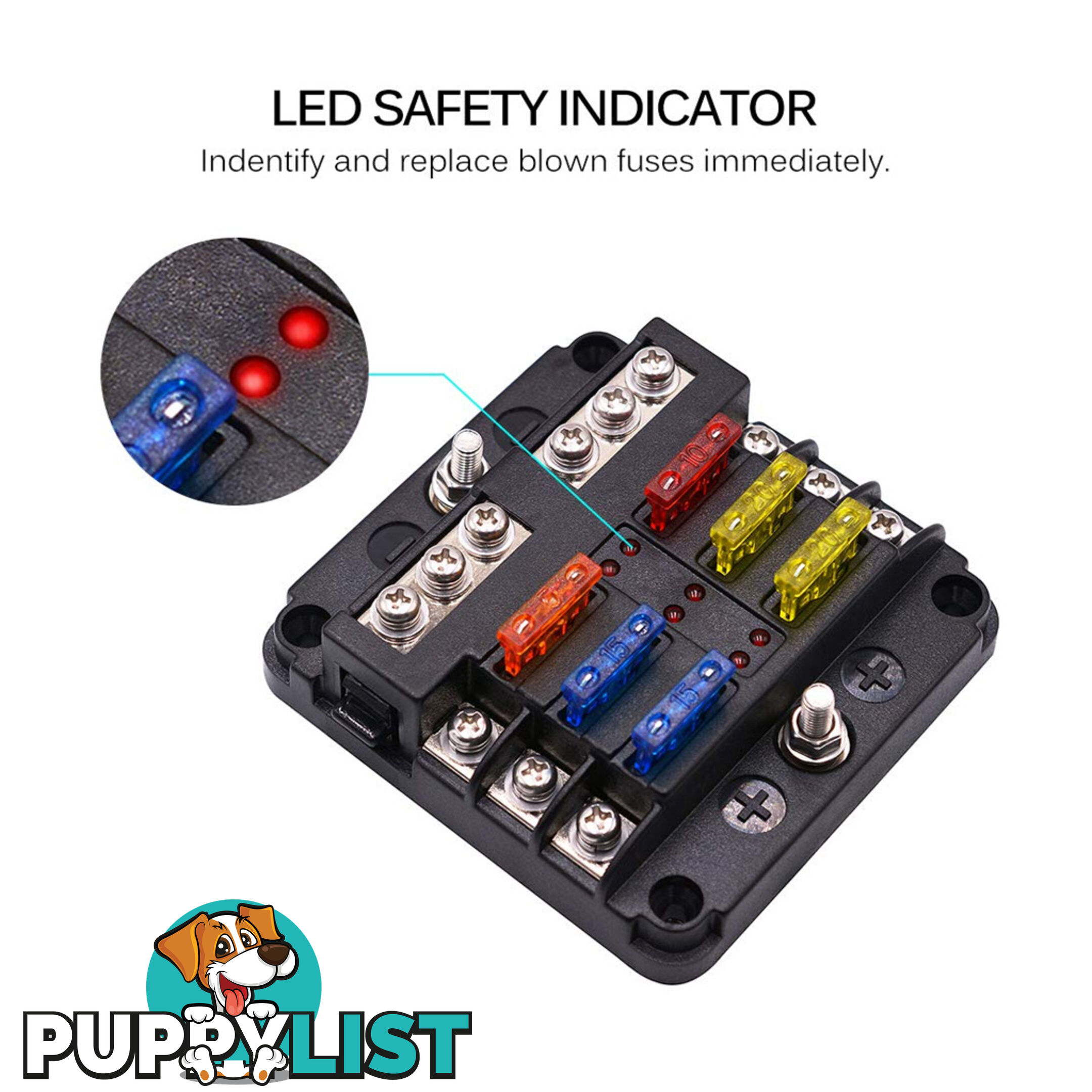 6 Fuse Block with LED Indicator and 12 fuses, 19pc, 12 volt,  2 x Label Sheets SKU - BB-202-06KWN