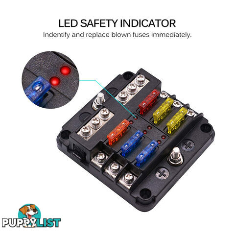 6 Fuse Block with LED Indicator and 12 fuses, 19pc, 12 volt,  2 x Label Sheets SKU - BB-202-06KWN