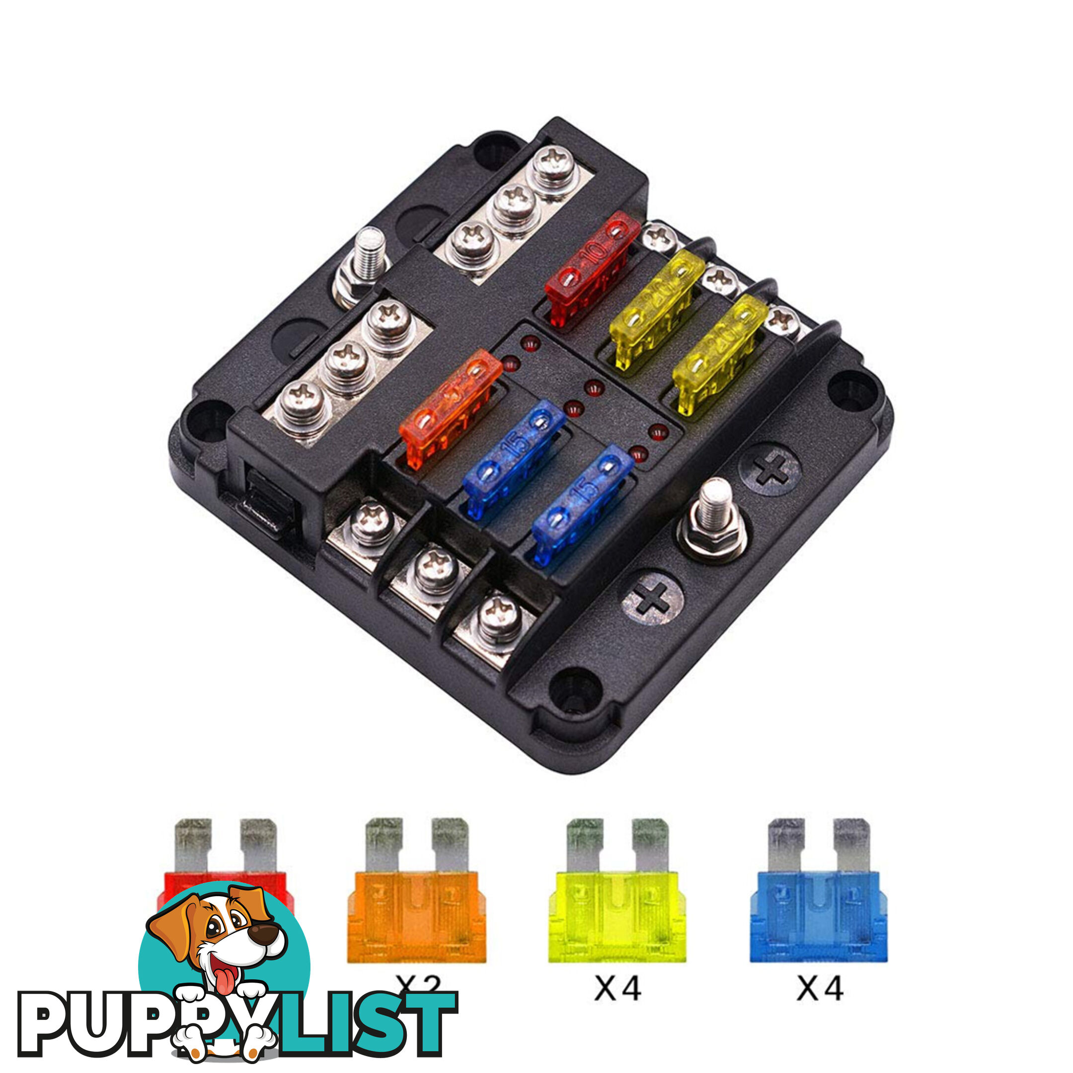 6 Fuse Block with LED Indicator and 12 fuses, 19pc, 12 volt,  2 x Label Sheets SKU - BB-202-06KWN