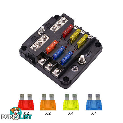 6 Fuse Block with LED Indicator and 12 fuses, 19pc, 12 volt,  2 x Label Sheets SKU - BB-202-06KWN