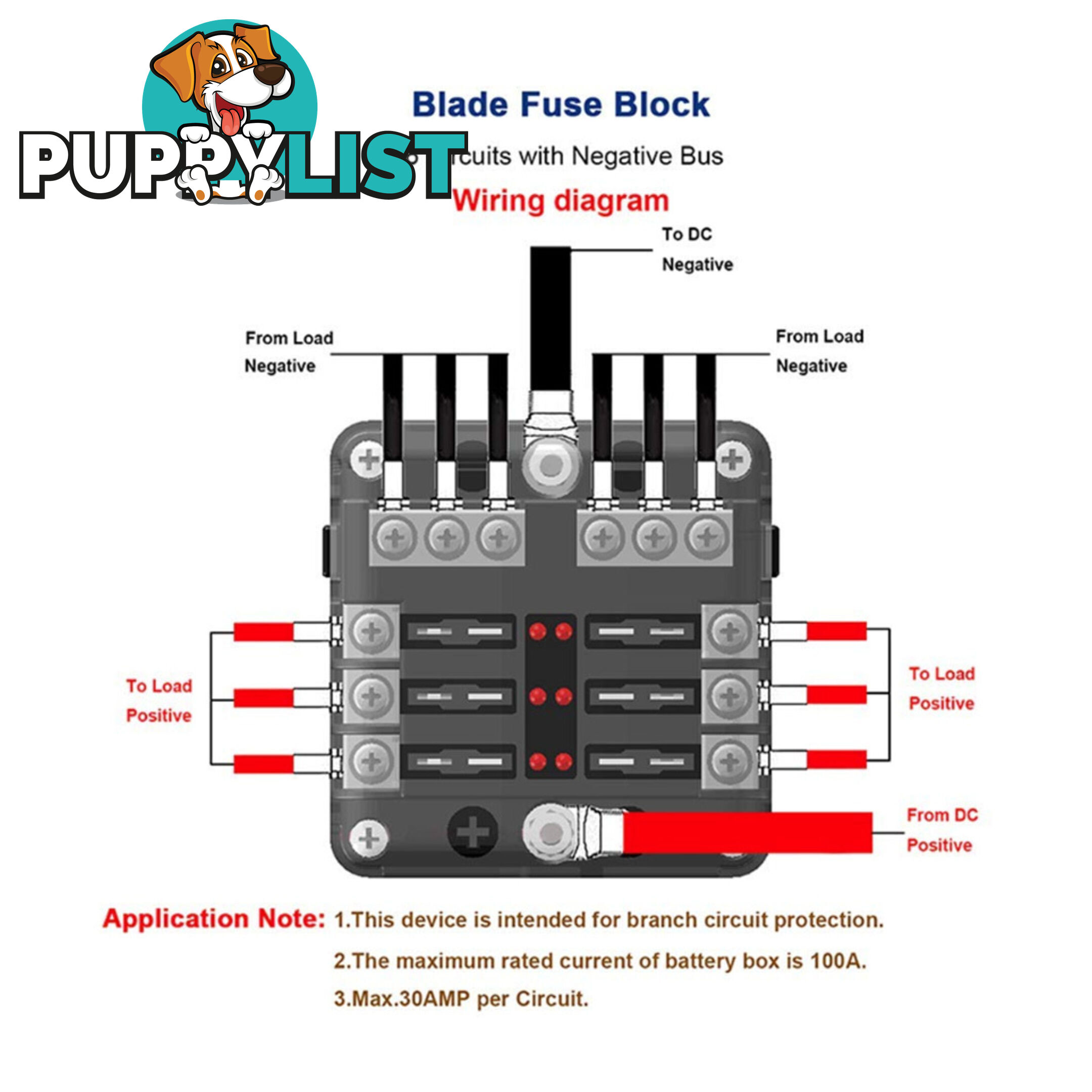 6 Fuse Block with LED Indicator and 12 fuses, 19pc, 12 volt,  2 x Label Sheets SKU - BB-202-06KWN