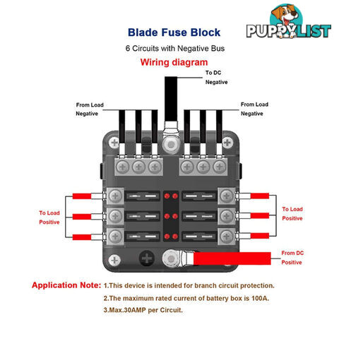 6 Fuse Block with LED Indicator and 12 fuses, 19pc, 12 volt,  2 x Label Sheets SKU - BB-202-06KWN