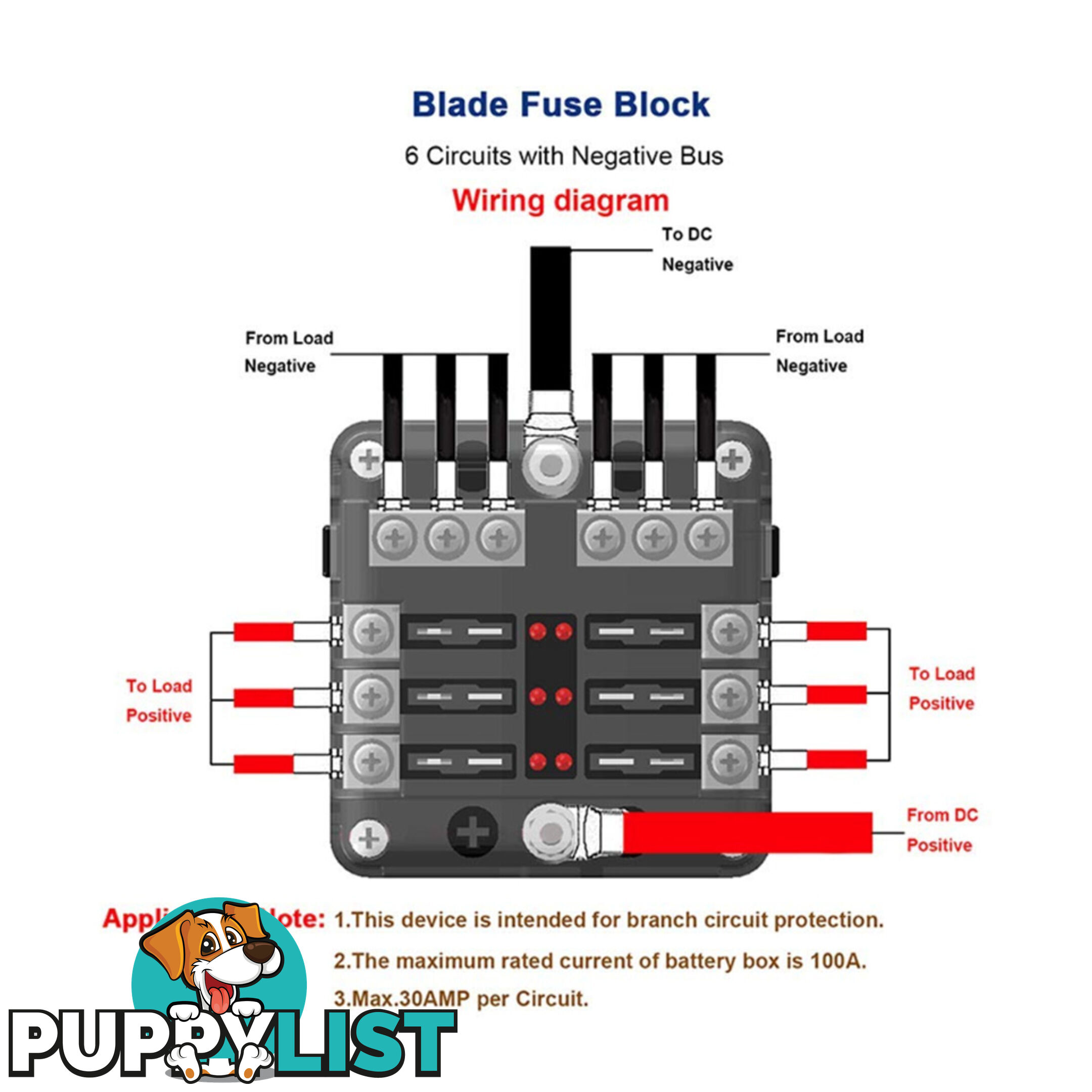 6 Fuse Block with LED Indicator and 12 fuses, 19pc, 12 volt,  2 x Label Sheets SKU - BB-202-06KWN