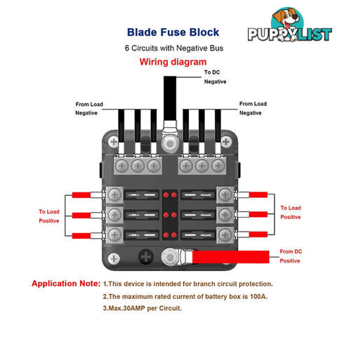 6 Fuse Block with LED Indicator and 12 fuses, 19pc, 12 volt,  2 x Label Sheets SKU - BB-202-06KWN