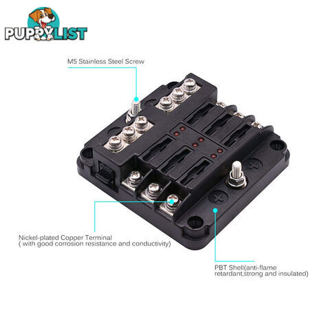 6 Fuse Block with LED Indicator and 12 fuses, 19pc, 12 volt,  2 x Label Sheets SKU - BB-202-06KWN