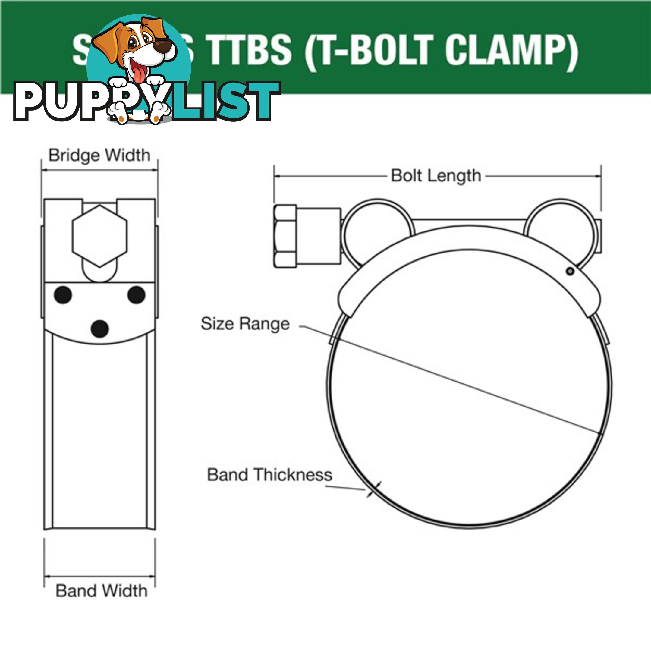 Tridon T-Bolt Hose Clamp 52mm â 55mm All Stainless Solid Band 10pk SKU - TTBS52-55P