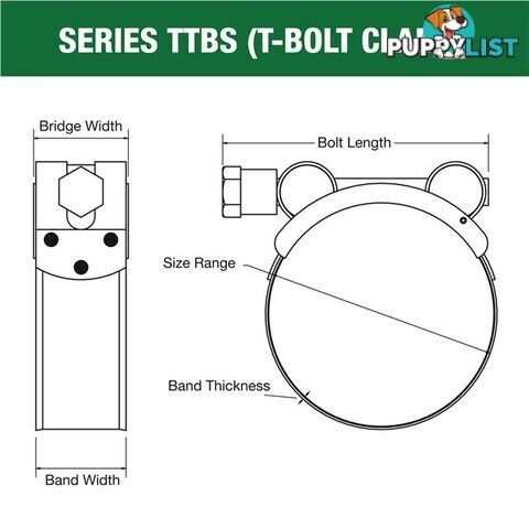 Tridon T-Bolt Hose Clamp 52mm â 55mm All Stainless Solid Band 10pk SKU - TTBS52-55P