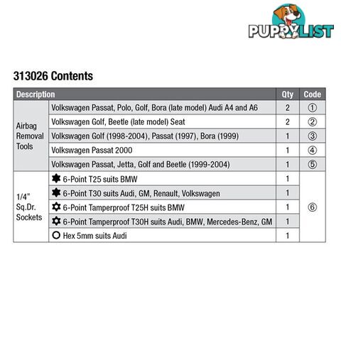 Toledo Air Bag Removal Kit SKU - 313026