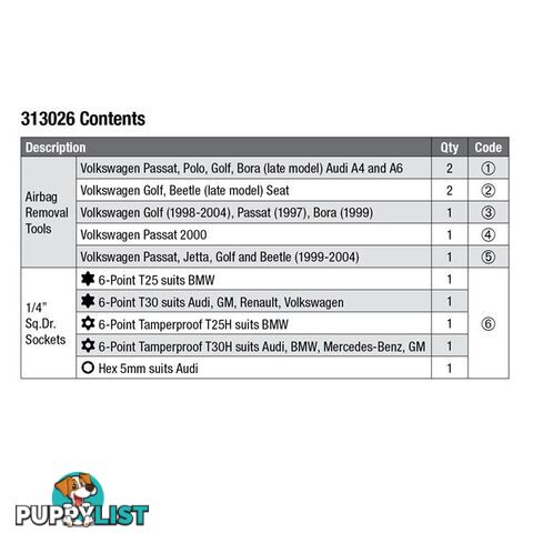 Toledo Air Bag Removal Kit SKU - 313026