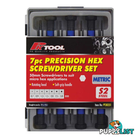 Precision Hex Screwdriver 7pc Set 0.7  - 3.0mm Metric SKU - PT30231