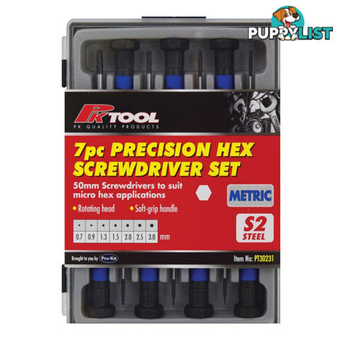 Precision Hex Screwdriver 7pc Set 0.7  - 3.0mm Metric SKU - PT30231