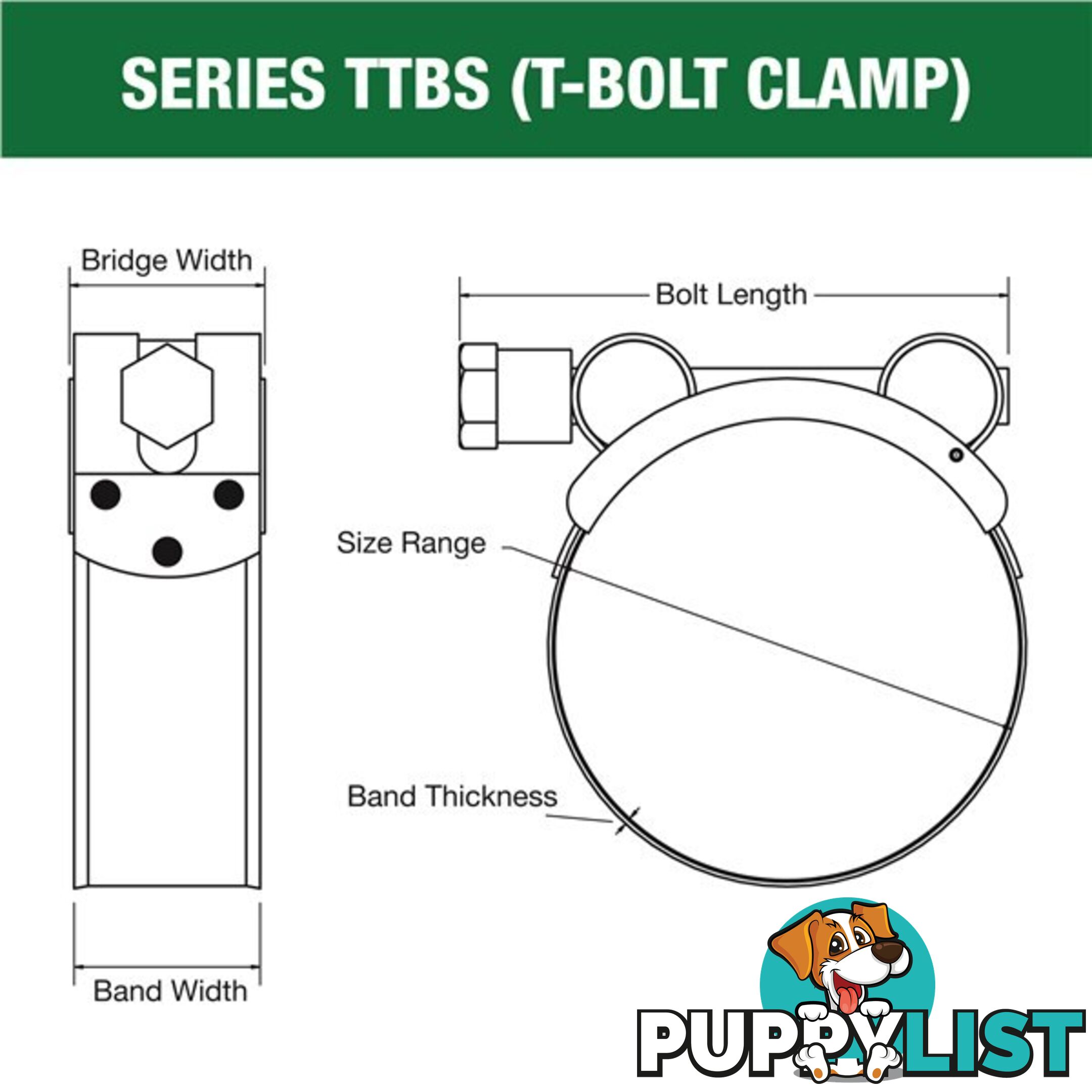 Tridon T-Bolt Hose Clamp 48mm â 51mm All Stainless Solid Band 10pk SKU - TTBS48-51P