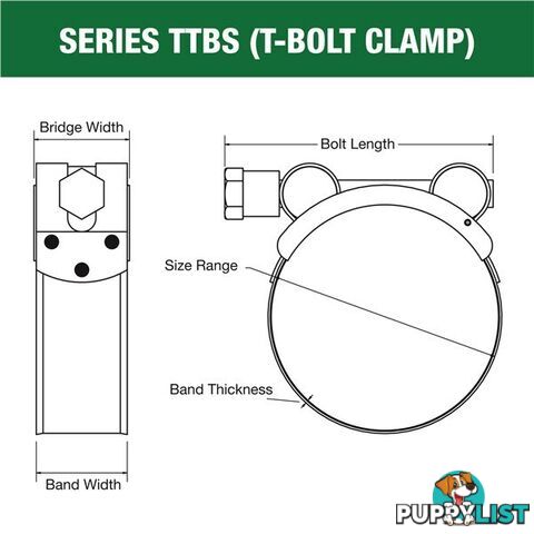 Tridon T-Bolt Hose Clamp 48mm â 51mm All Stainless Solid Band 10pk SKU - TTBS48-51P