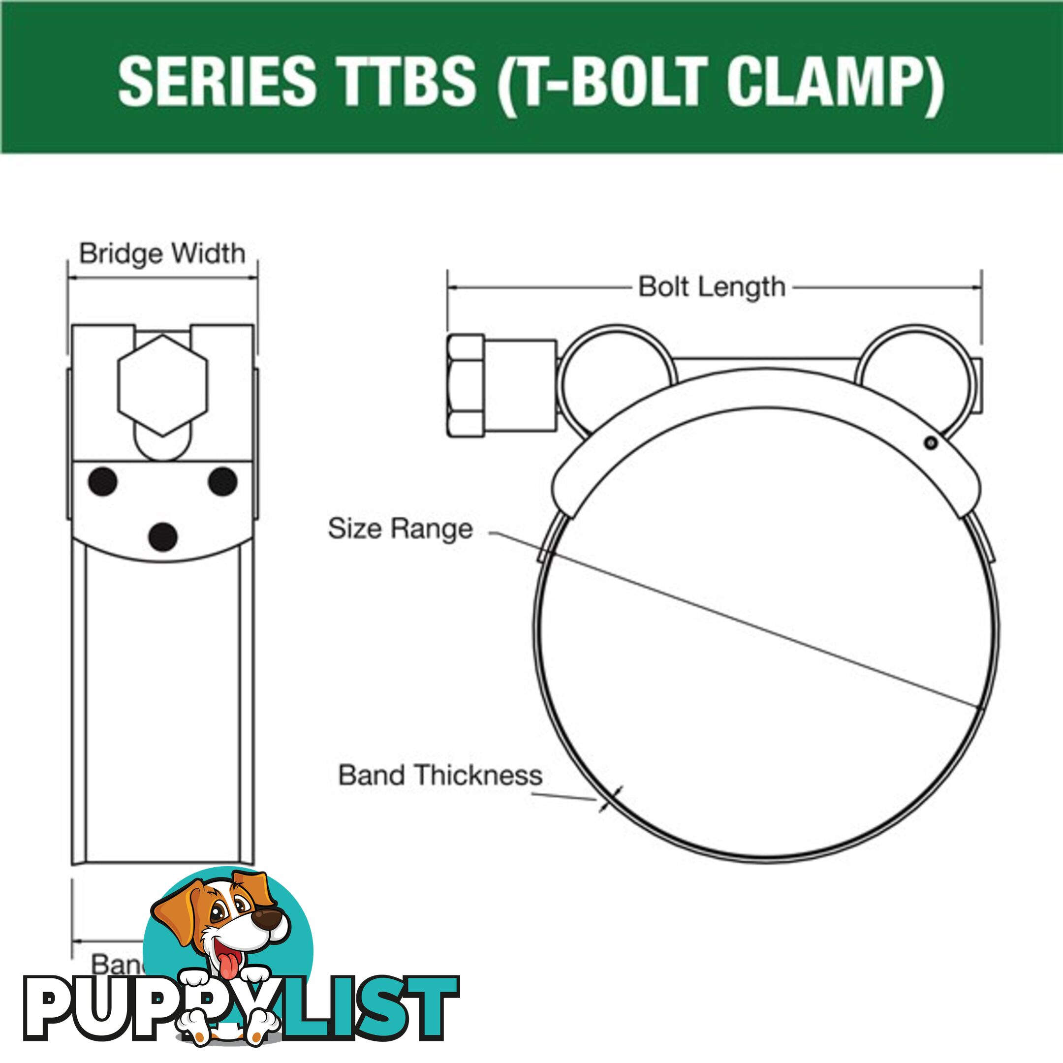 Tridon T-Bolt Hose Clamp 48mm â 51mm All Stainless Solid Band 10pk SKU - TTBS48-51P