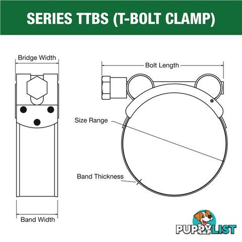 Tridon T-Bolt Hose Clamp 48mm â 51mm All Stainless Solid Band 10pk SKU - TTBS48-51P