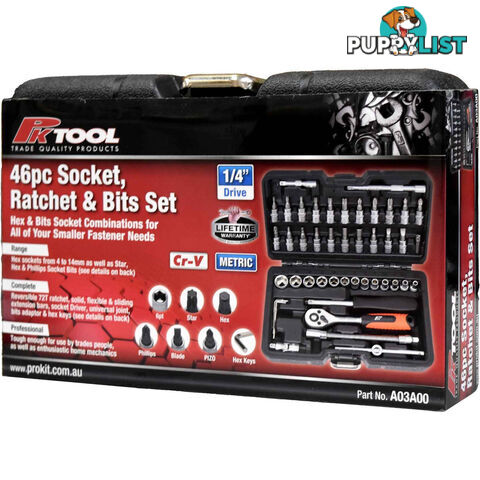 PK Tools 1/4 "dr Socket, Ratchet and Bits 46pc Set SKU - A03A00